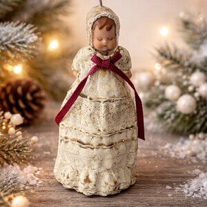Vintage Baby Girl Christmas Ornament 4” Bisque-Style Dress with Pink Bow